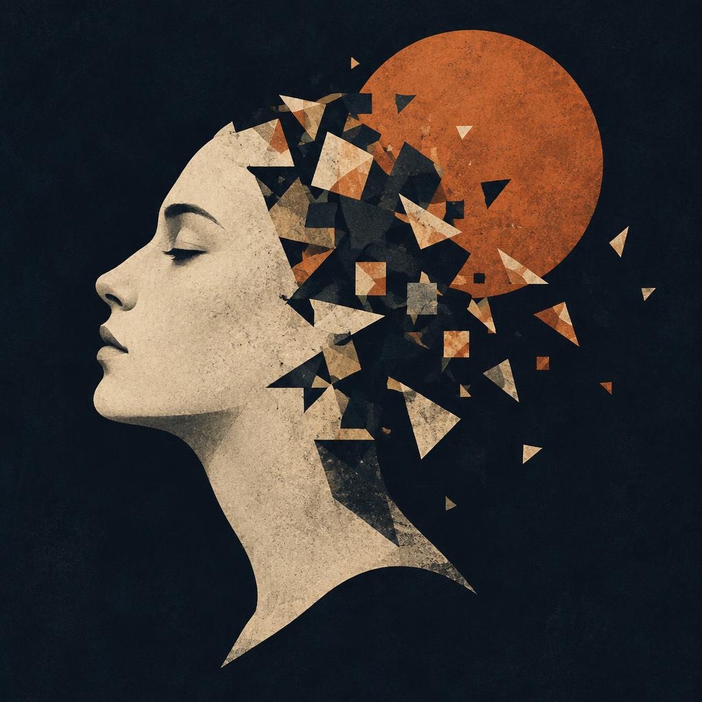 Human, Mostly cover art: a profile dissolving into fragments before a rust sun